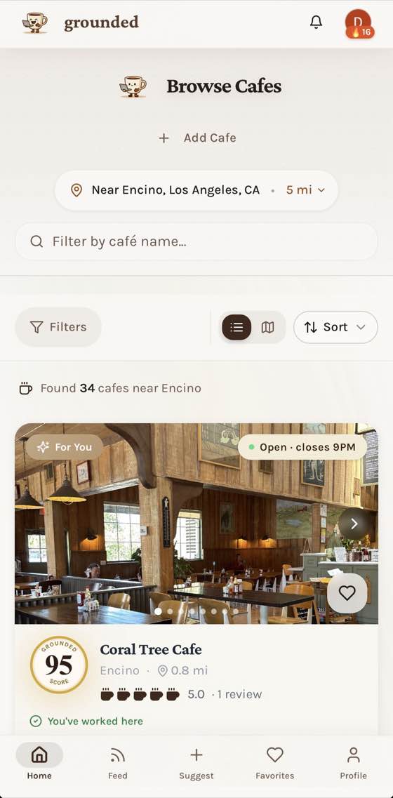 The Grounded app showing cafés near Encino, with Coral Tree Cafe scored 95.